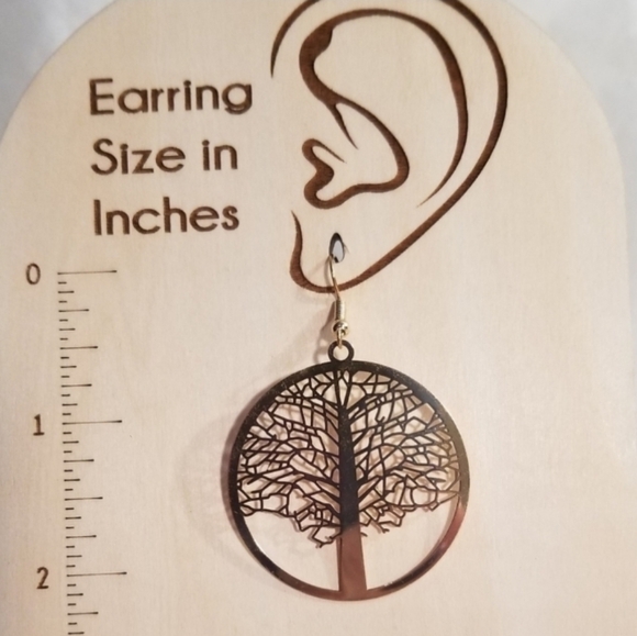 Gold Tone Tree of Life Earrings on Pierced Ear wires Lg 2" Hypoallergenic metal - Picture 3 of 7